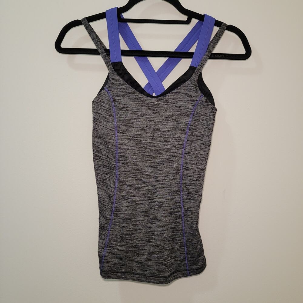 Lululemon‎ Run For Gold Bra Tank Top Gray/Purple Strappy Criss Cross Size 4